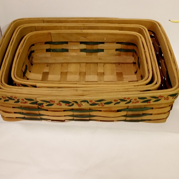 3 Rectangular Baskets, Woven Wicker Longaberger Style Tan Cherries Leaves 14x10 - Picture 2 of 6